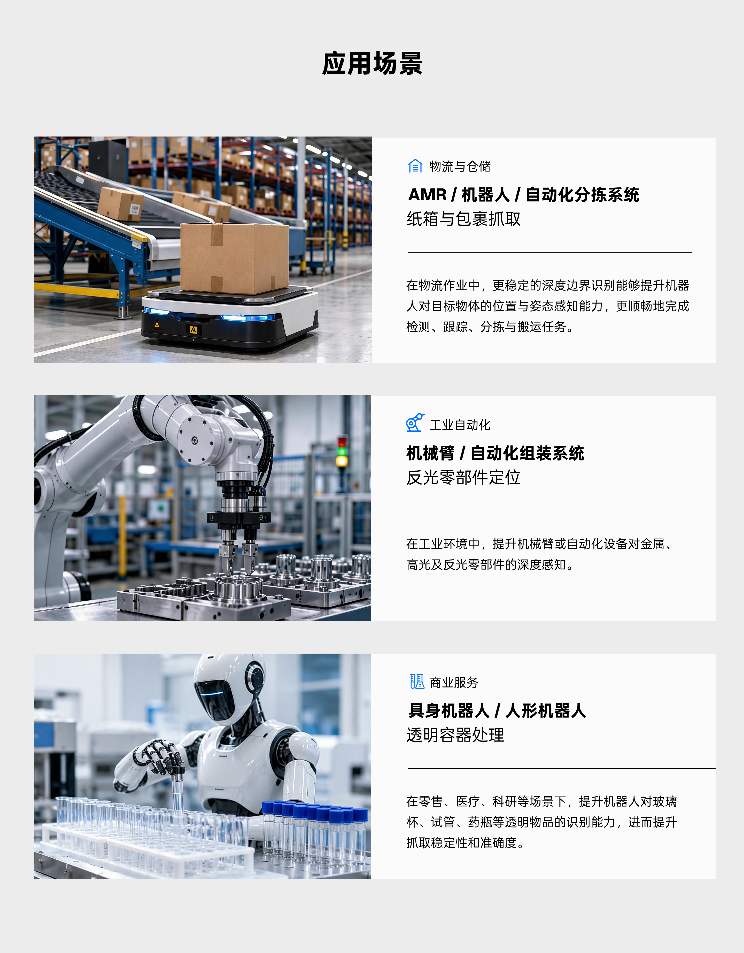 深度增強引擎三大應用場(chǎng)景：物流與倉儲（AMR/自動(dòng)化分揀/紙箱包裹抓?。?、工業(yè)自動(dòng)化（機械臂/反光零部件定位）、商業(yè)服務(wù)（具身機器人/透明容器處理）