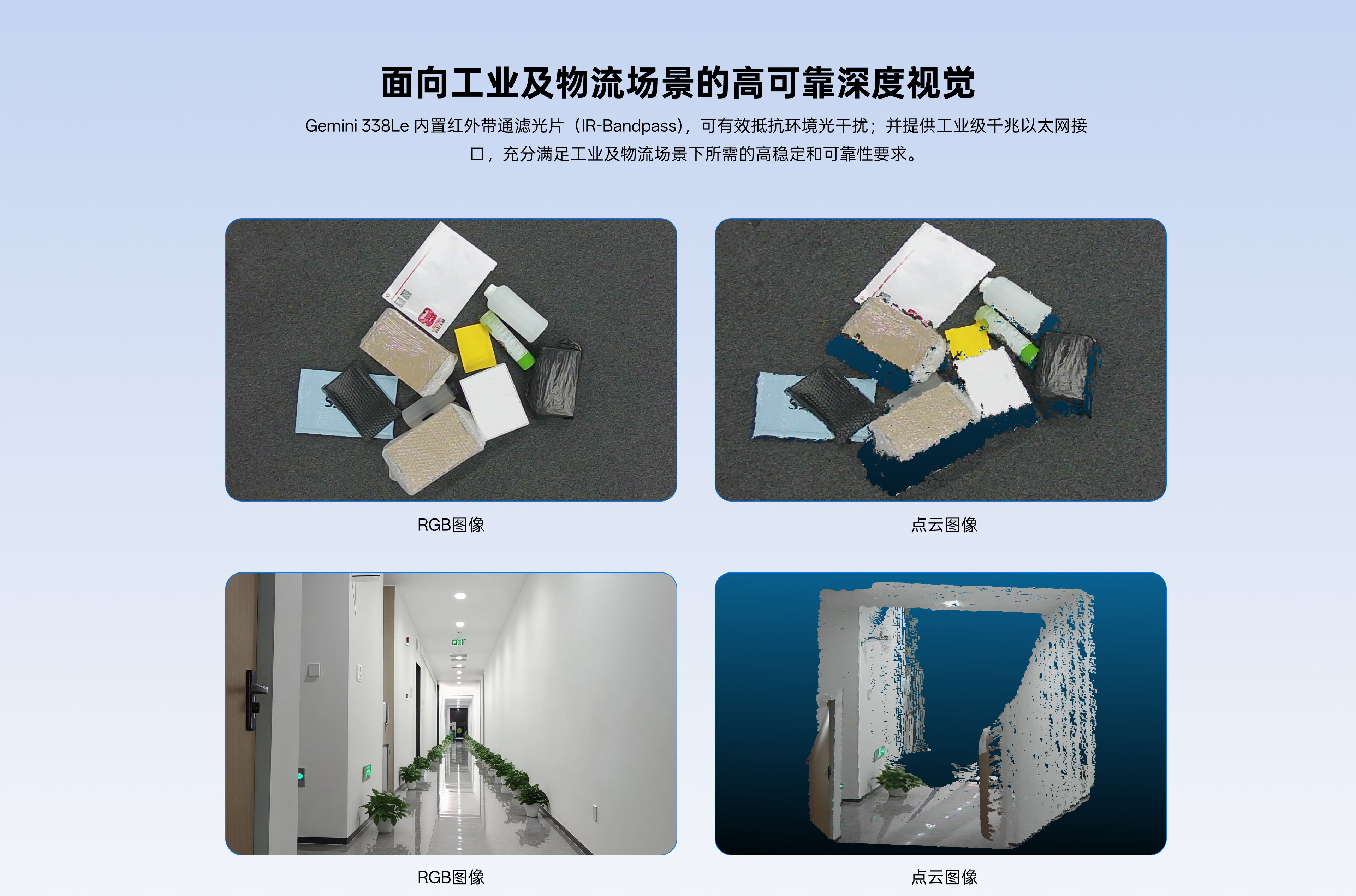 面向工業(yè)及物流場(chǎng)景的高可靠深度視覺(jué)，Gemini338Le內置紅外帶通濾光片（IR-Bandpass)，可有效抵抗環(huán)境光干擾；并提供工業(yè)級千兆以太網(wǎng)接口，充分滿(mǎn)足工業(yè)及物流場(chǎng)景下所需的高穩定和可靠性要求。