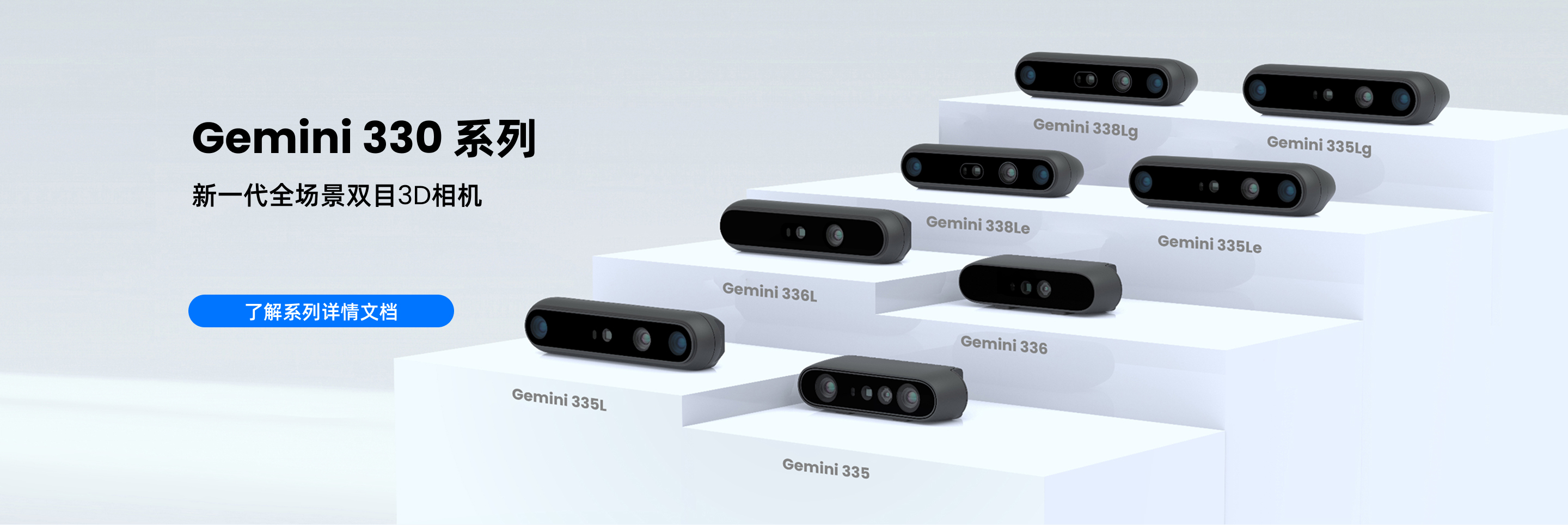 Gemini 330 系列新一代全場(chǎng)景雙目3D相機：主標題「Gemini 330 系列」、副標題「新一代全場(chǎng)景雙目3D相機」、藍色按鈕「了解系列詳情文檔」、白色階梯展臺陳列8款產(chǎn)品（Gemini 338Lg、335Lg、338Le、335Le、336L、336、335L、335）