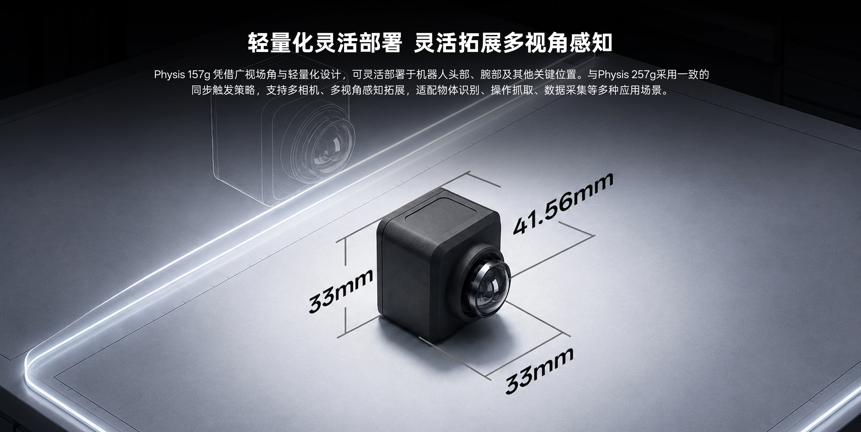 Physis 157g 輕量化靈活部署示意，支持多視角感知擴展，并展示機身尺寸 33 × 33 × 41.56 mm